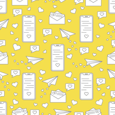 Seamless pattern with paper airplane, envelope, smartphone, sms, hearts. Birthday, Valentine's day, Mother's Day, Father's day, wedding vector romantic background. Illuminating and Ultimate Gray.のイラスト素材