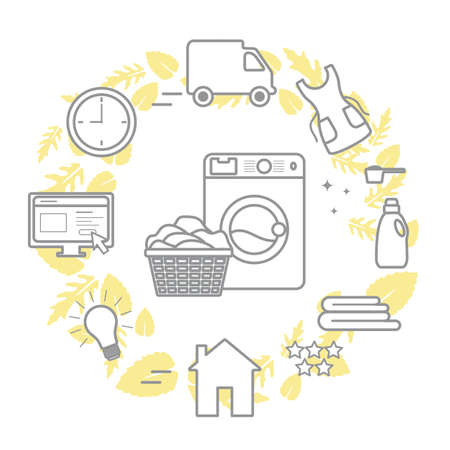 Vector Illustration Professional Quality Laundry service. Laundromat tasks Find and order through internet. Housekeeping. Domestic Household chores. Washing machine, detergents. Design for web, printのイラスト素材
