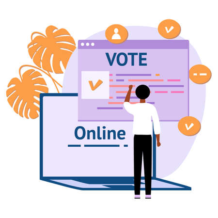 Vector illustration People vote online for candidate on laptop Election campaign Online choices Political competition Presidential election Concept of online voting, e-voting, election internet systemのイラスト素材
