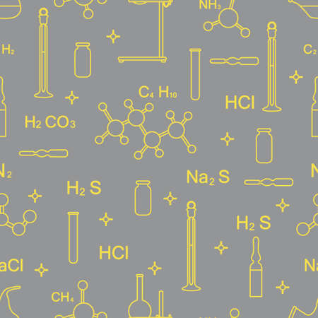 Scientific vector seamless pattern with flasks, test tubes, beakers, tools and formulas. Education elements. Chemistry, biology, medicine. Illuminating and Ultimate Gray.のイラスト素材