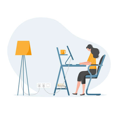 Vector illustration Remote work Girl works, talking in team chat at computer. Office at home Remote access Freelance Working remotely Studying Online concept Design for web printのイラスト素材