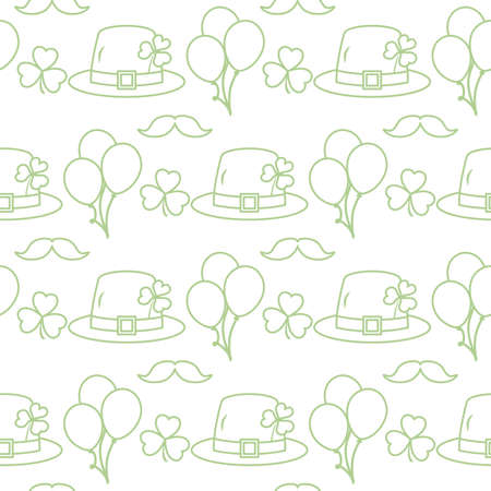 Vector seamless pattern Happy St. Patrick's Day illustration Ireland Shamrock Hat Mustache Balloon Irish Holiday Party Festive background Design for greeting card, fabric, print, wrapping paperのイラスト素材