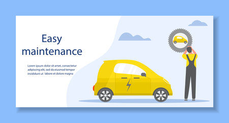 Vector illustration Repair, service, maintenance of electric car. Green energy. New transport eco technologies. ECO friendly. Environmental Protection. Zero emission. Design for web, printのイラスト素材