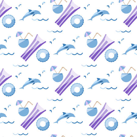 Vector seamless pattern Illustration Vacation at sea. Cocktail, inflatable mattress, ring, dolphin. Travel. Summer rest. Beach water floating toys. Pool equipment. Rubber items for recreationのイラスト素材