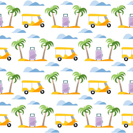 Seamless pattern. Travel vector illustration. Vacation at sea. Summer rest. Holiday. Adventure. Cruise. Tuk-tuk, palm tree, suitcase. Design for printのイラスト素材