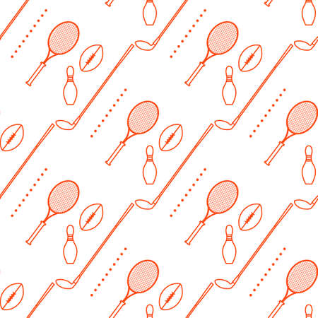 Vector seamless pattern with bowling pin, tennis racket, rugby ball, golf putter. Sports theme. Game, hobby, entertainment. Sports equipment. Design for wrapping, fabric or print.のイラスト素材
