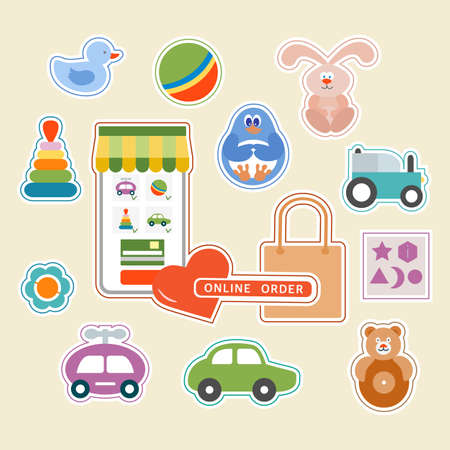 Vector illustration Stickers pack Online order Kid toy Happy childhood Gaming items Cars Pyramid Ball Rattle Tumbler Rabbit Duck Penguin Sorter Primary school Elementary grade Kindergarten Game Playのイラスト素材