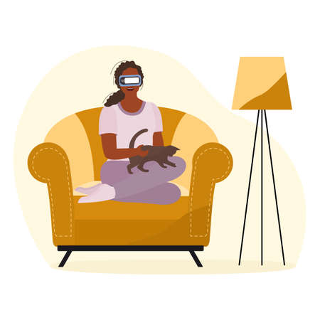 Vector Illustration Woman wearing virtual reality 3d glasses Travel, holiday trip, tour, watching movie. VR headset. Property VR simulation. Modern entertainment. Augmented reality visualize creationのイラスト素材