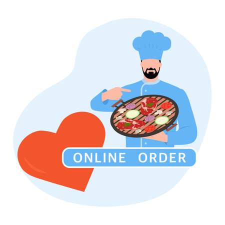 Vector illustration Online order. Chef offers to grill food. Ordering bbq food delivery online. Advertising of restaurant menu. Delivery at office or home. Tasty meal. Design for printのイラスト素材