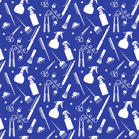 Vector Seamless pattern Illustration Professional hairdresser tools Barbershop Beauty Hairdressing salon Glamor fashion vogue style Comb, hair straighteners, curling tongs, scissors Design for printのイラスト素材