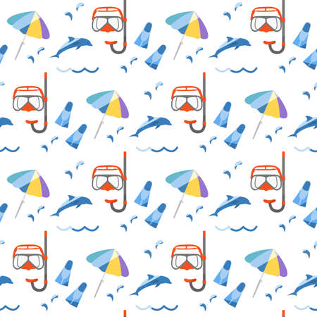 Vector seamless pattern Illustration Vacation at the sea. Diving mask, snorkel, flippers, dolphin,...