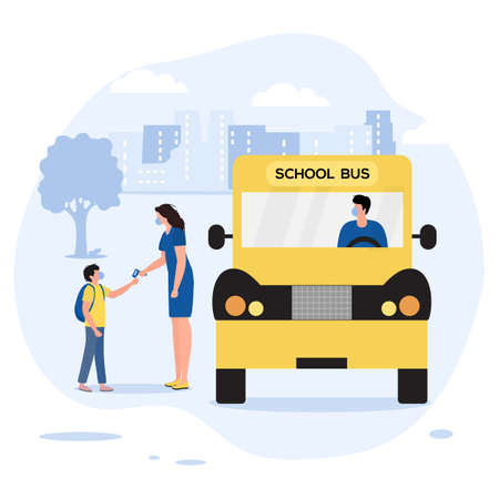 Vector illustration Back to school at Coronavirus Pandemic Pupil with schoolbag boarding into School...
