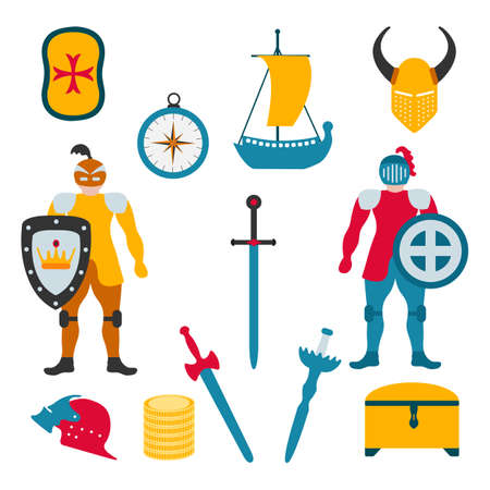 Vector illustration Kid toys Knight, sword, shield, helmet, treasure chest, ship, compass. Happy childhood background Activity Gaming items Primary school Elementary grade Kindergarten Gameのイラスト素材
