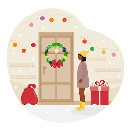 Vector illustration Happy New Year 2022. Girl wearing festive clothes celebrating Merry Christmas. Female child standing in court in front of door home decorated for the winter holiday. Party Costumeのイラスト素材