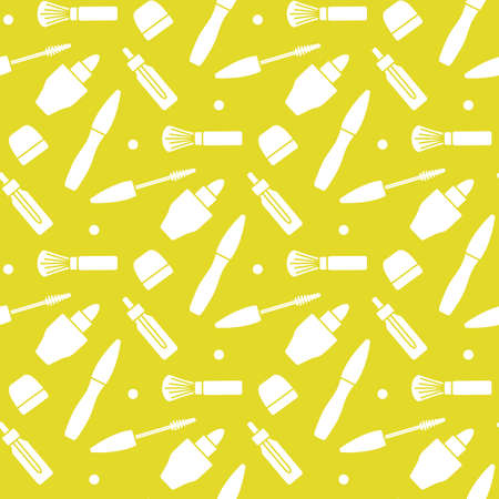Vector seamless pattern Illustration Lipstick Brush Mascara Cream Oil. Decorative Cosmetics, makeup background. Beauty design. Glamor fashion vogue style. Design for textile, wrapping, printのイラスト素材
