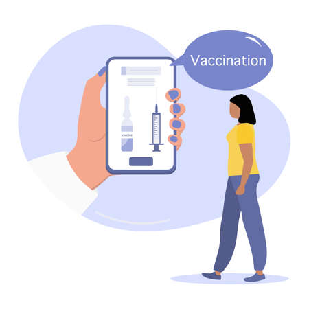 Vector illustration Cell phone Hand Syringe Covid-19 Vaccine bottle Covid vaccination invitation Immunization Coronavirus Vaccination People Healthcare Public health program Medical support serviceのイラスト素材
