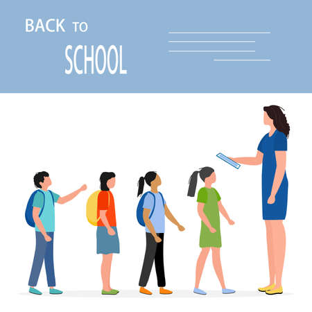 Vector illustration Back to school Schoolboy, schoolgirl with schoolbags get acquainted with teacher. Elementary school pupil First day at school Children excited to start school. Design for web printのイラスト素材