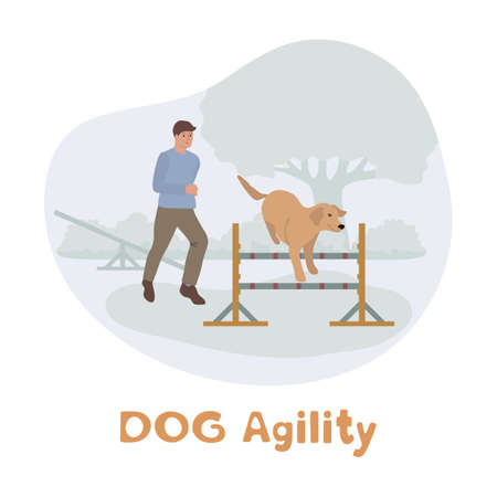 Vector illustration Man training his dog on agility field. Playing together. Dog Agility Competition. Hurdles course event. Dog training center. Sport Equipment. Handler Pet Obstacle Exercise Peopleのイラスト素材
