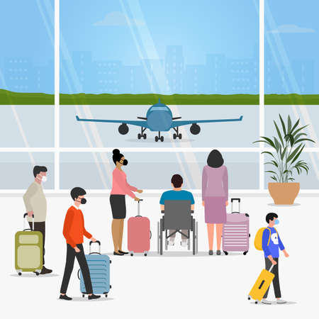 Vector illustration Airport People with suitcases Person in wheelchair Vacation Tourist Travel lifestyle Plane Business trip Baggage Summer time Holiday. Concept for travel agency, booking serviceのイラスト素材