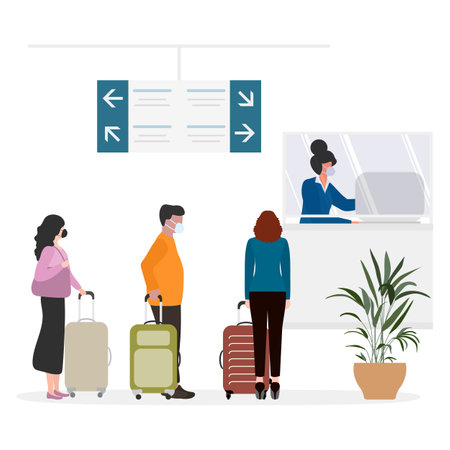 Vector illustration People wearing face mask with suitcases Customer check in Service counter Airport  Tourist Traveler Plane Summer time Holiday Concept for travel agency, booking serviceのイラスト素材
