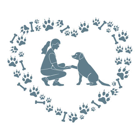 Vector illustration Woman and labrador playing together Dog gives paw on background of dog tracks, bones in the shape of heart Owner teaching pet commands Dog training Animal adoption Charity activityのイラスト素材
