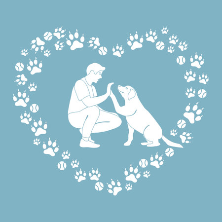 Vector illustration Man, labrador playing together Dog gives paw on background of paw print, tennis ball in the shape of heart Owner teaching pet commands Dog training Animal adoption Charity activityのイラスト素材