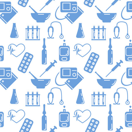 Medical Seamless pattern Vector illustration Cardiogram Tonometer Pressure measurement Pills Ampoule Flask Syringe Heart Stethoscope Blood glucose meter Medicine Pharmacy Diagnostics Clinic Hospitalのイラスト素材