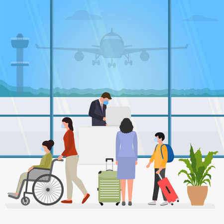 Vector illustration People wearing face mask with suitcases Customer check in Service counter Airportのイラスト素材