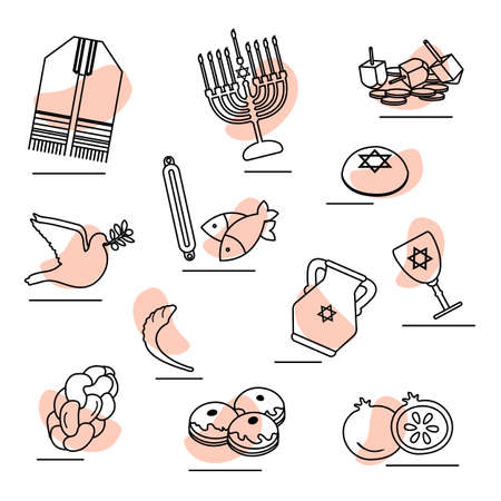 Vector illustration Menorah Tallit Garnet Dove Kippah Horn Oil Israel Judaism Religious Happy Holiday Chanukah Passover Sukkot Rosh Hashanah Yom kippur Traditional Jewish Festival symbol Prayer Beliefのイラスト素材