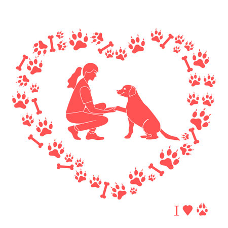 Vector illustration Woman and labrador playing together Dog gives paw on background of dog tracks, bones in the shape of heart Owner teaching pet commands Dog training Animal adoption Charity activityのイラスト素材