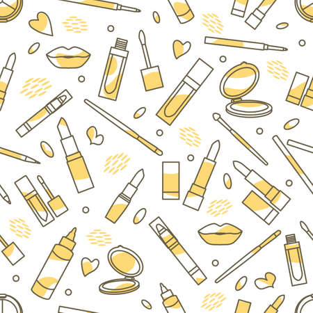 Vector seamless pattern Illustration with lipstick, mirror, lips, brush, pencil. Decorative cosmetics, makeup background. Beauty cosmetic salon. Woman stuff. Girls accessory concept. Glamor fashionのイラスト素材