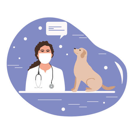 Vector illustration Visit to doctor with dog. Veterinary clinic hospital. Healthcare service. Vet checkup. Veterinarian examining dog. Vet doctor curing pets. Medical center for domestic animalsのイラスト素材