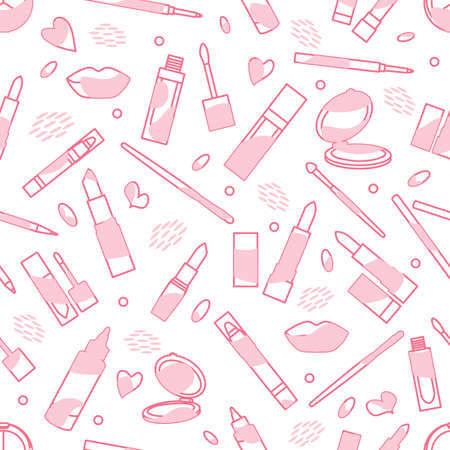 Vector seamless pattern Illustration with lipstick, mirror, lips, brush, pencil. Decorative cosmetics, makeup background. Beauty cosmetic salon. Woman stuff. Girls accessory concept. Glamor fashionのイラスト素材