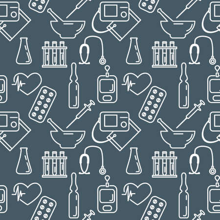 Medical Seamless pattern Vector illustration Cardiogram Tonometer Pressure measurement Pills Ampoule Flask Syringe Heart Stethoscope Blood glucose meter Medicine Pharmacy Diagnostics Clinic Hospitalのイラスト素材