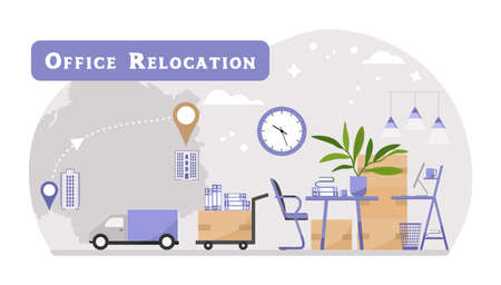 Vector illustration Relocation to new office. Moving concept. Changing address. New location. Navigation. Package for transportation. Paper cardboard boxes. Van. Delivery company servicesのイラスト素材