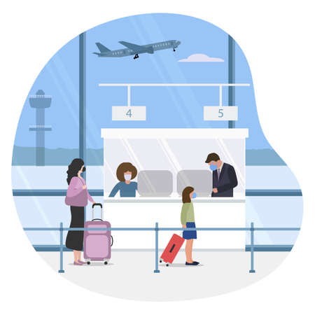 Vector illustration People wearing face mask with suitcases Customer check in Service counter Airport Passport control Covid Tourist Traveler Plane Summer time Holiday Travel agency Booking serviceのイラスト素材