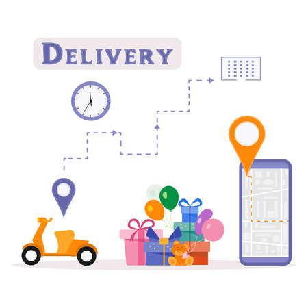 Vector illustration Special holiday delivery Motorbike delivering gift boxes for Valentine's day Birthday Mother's day Father's day Boxing day Christmas New Year. Order Tracking on cell phone Routeのイラスト素材