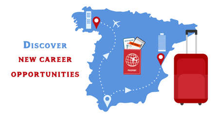 Vector illustration New career opportunities Relocation. Career development. New team member Career growth Job position Job Offer to employee. Spain Suitcase Departure Destination Passport Ticketのイラスト素材