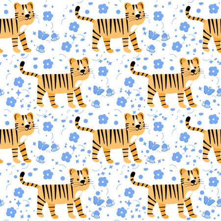 Wildlife Africa Nature seamless pattern Vector illustration African animal Tiger. Safari Zoo Savanna Childish drawingのイラスト素材