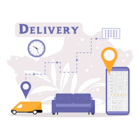 Vector illustration Delivery company service Furniture transportation Moving concept. Changing address. New location Car delivering Online Order Tracking on cell phone Route Relocation Navigation Sofaのイラスト素材