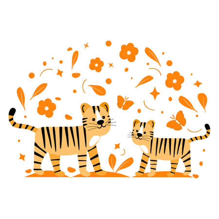 Vector illustration African animal Tiger. Wildlife Africa Nature Safari Zoo Savanna Childish drawingのイラスト素材