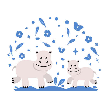 Vector illustration African animal hippopotamus. Smiling hippo. Wildlife Africa Nature Safari Zoo Behemoth River horse Childish drawingのイラスト素材