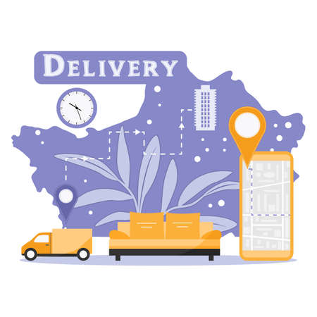 Vector illustration Delivery company service Furniture transportation Moving concept. Changing address. New location Car delivering Online Order Tracking on cell phone Route Relocation Navigation Sofaのイラスト素材