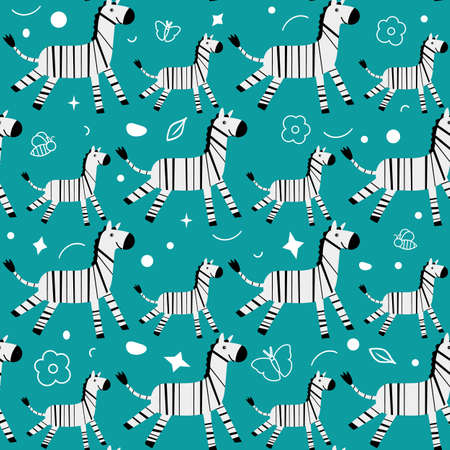 Wildlife Africa Nature seamless pattern Vector illustration African animal Smiling zebra. Safari Zoo Savanna Childish drawingのイラスト素材