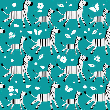 Wildlife Africa Nature seamless pattern Vector illustration African animal Smiling zebra. Safari Zoo Savanna Childish drawingのイラスト素材
