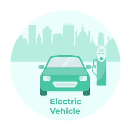 Vector illustration Electric vehicle charging stations Electric car. green energy. New transport eco technologies. ECO friendly. Ecology. environmental protection. Zero emissions. Easy maintenanceのイラスト素材