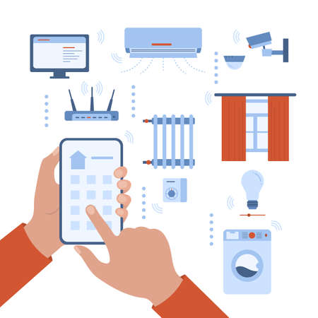 Vector illustration Smart home application concept. Human hands holding cell phone connected to the house. remote home control system. IOT Internet of Thingsのイラスト素材