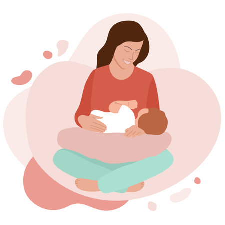 Vector illustration Motherhood, Baby care. Happy new mom holds her baby. woman hugs infant. mother's day. family. Maternity leave.のイラスト素材