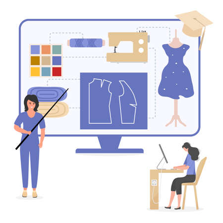 Vector illustration Seamstress teaching people at sewing classes. Online course or workshop. Sewing tool. Dressmaking, tailoring school for beginners. Learn to sew clothes.のイラスト素材