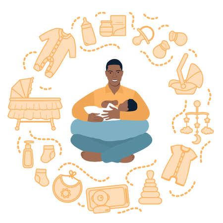 Vector illustration Fatherhood Happy new father holds newborn. Man hugs infant. Feeding, clothing, toys, health care stuff, accessories. Father's Day Family Childhood Parentsのイラスト素材